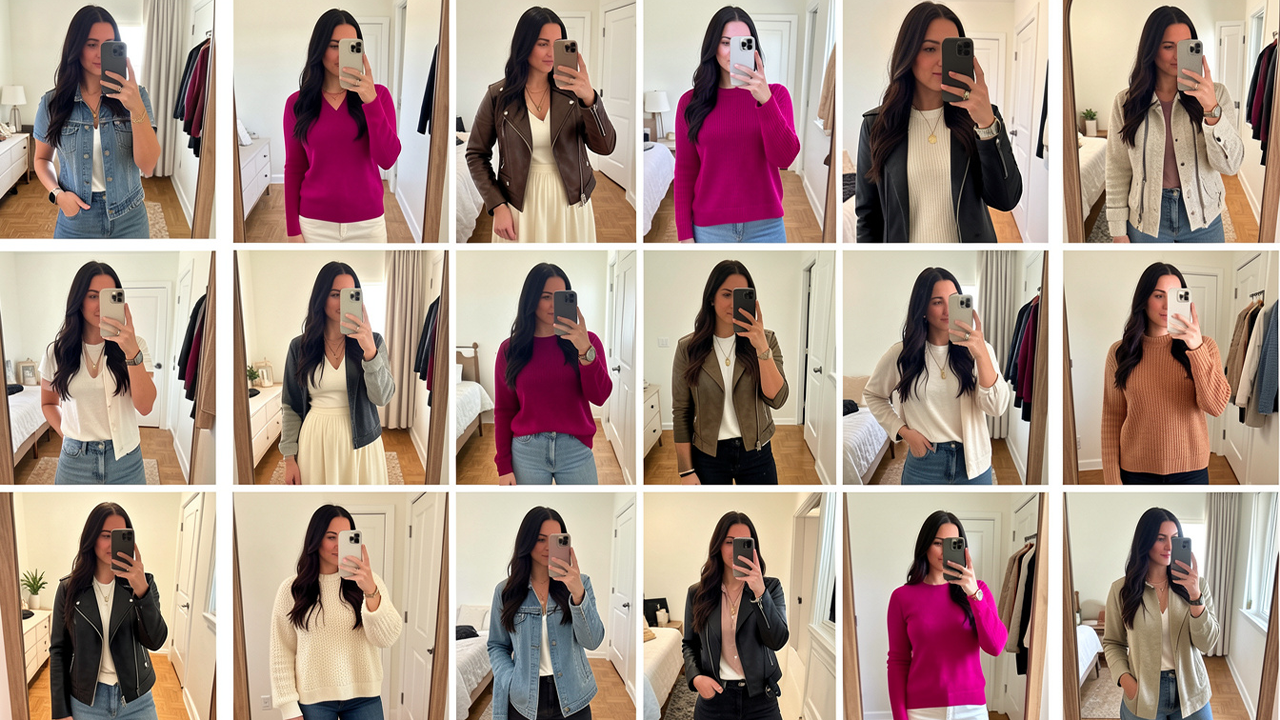 Capsule wardrobe essentials with neutral tops, jeans, blazer and sneakers